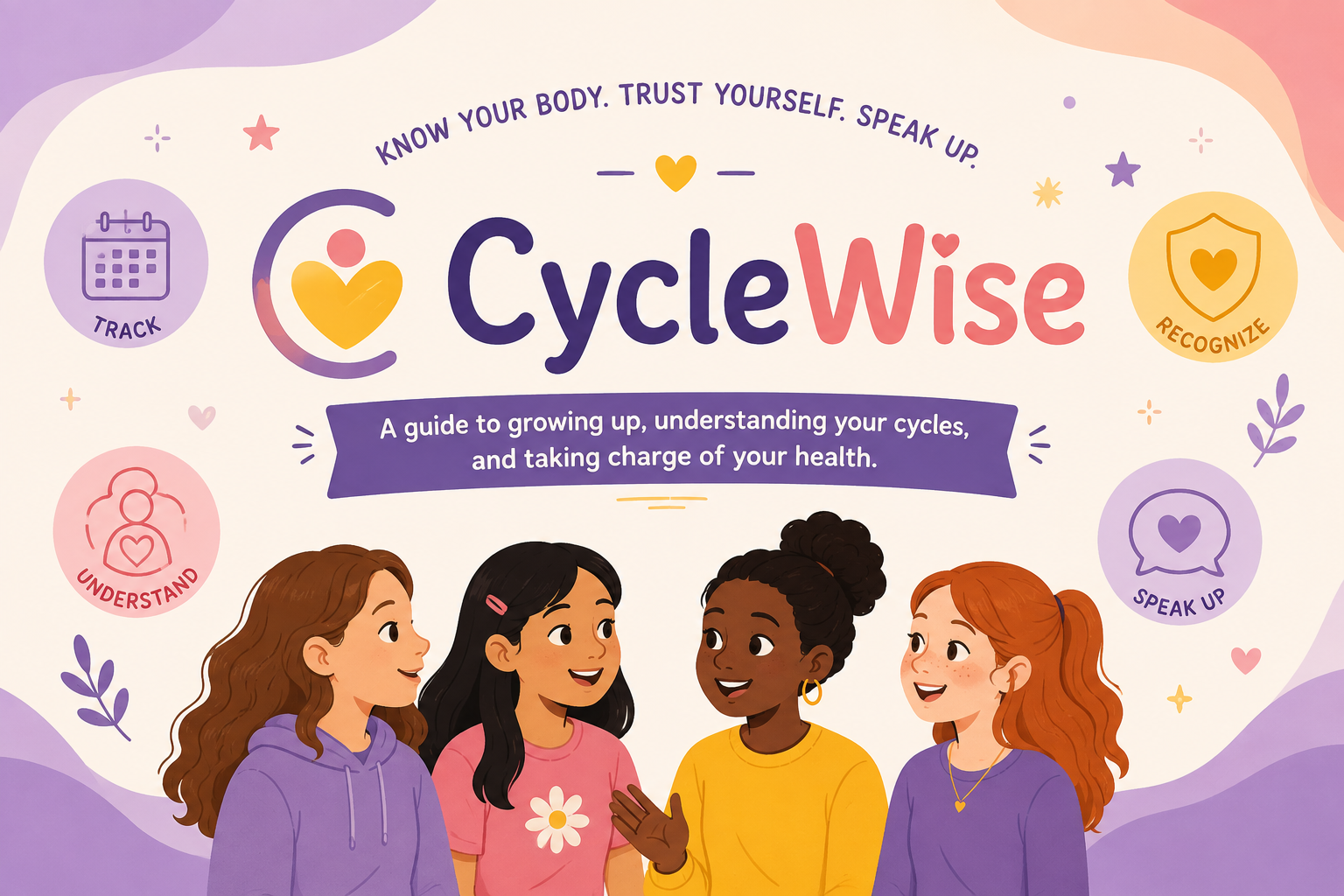 CycleWise illustration: four young people alongside the messages understand, track, recognize and speak up.
